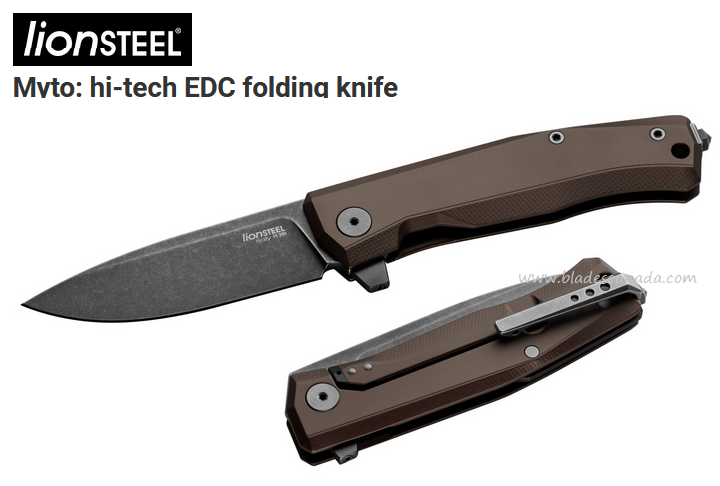 Lion Steel MT01A EB Myto Flipper Framelock Knife, M390 Black SW, Aluminum Earth Brown